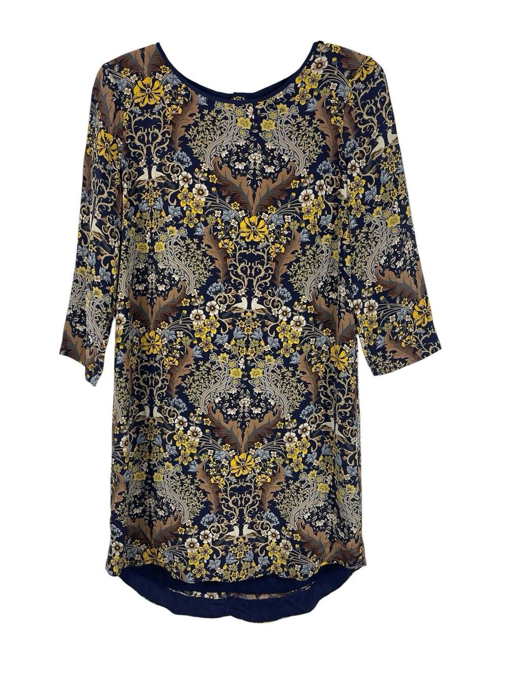 Club Monaco Womens 4 Silk Dress Floral Baroque Print 3/4 Sleeve Shift Navy Gold